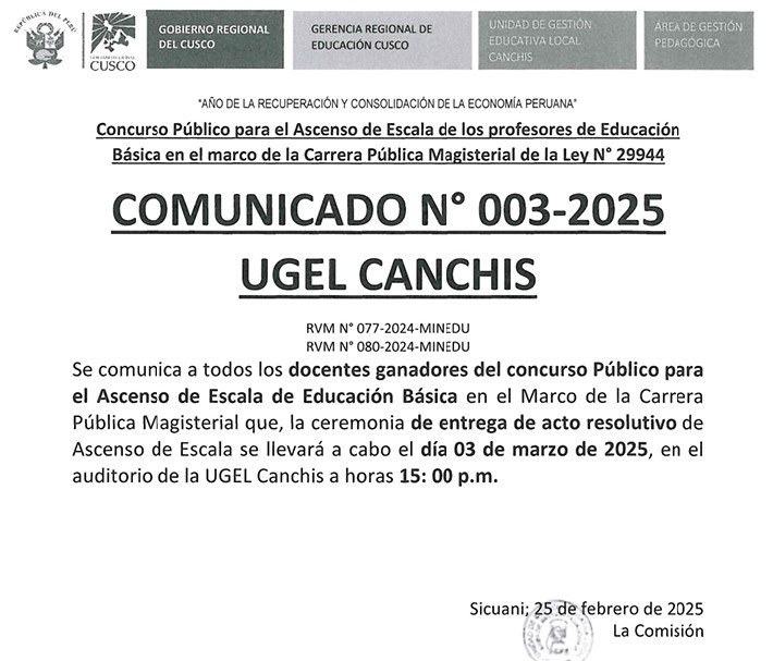 Comunicado N° 003-2025 UGEL Canchis-Concurso Público para el Ascenso de Escala de Educación Básica